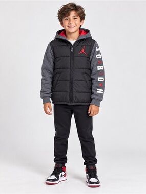 Jordan Boys Small 8–10 Hooded Hybrid Puffer Jacket Black Gray Red Jumpman